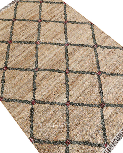Rustgrid Jute Hand-Woven Natural Rug – Beige Charcoal Geometric Diamond Boho Farmhouse Area Carpet with Fringe
