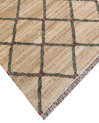 Rustgrid Jute Hand-Woven Natural Rug – Beige Charcoal Geometric Diamond Boho Farmhouse Area Carpet with Fringe