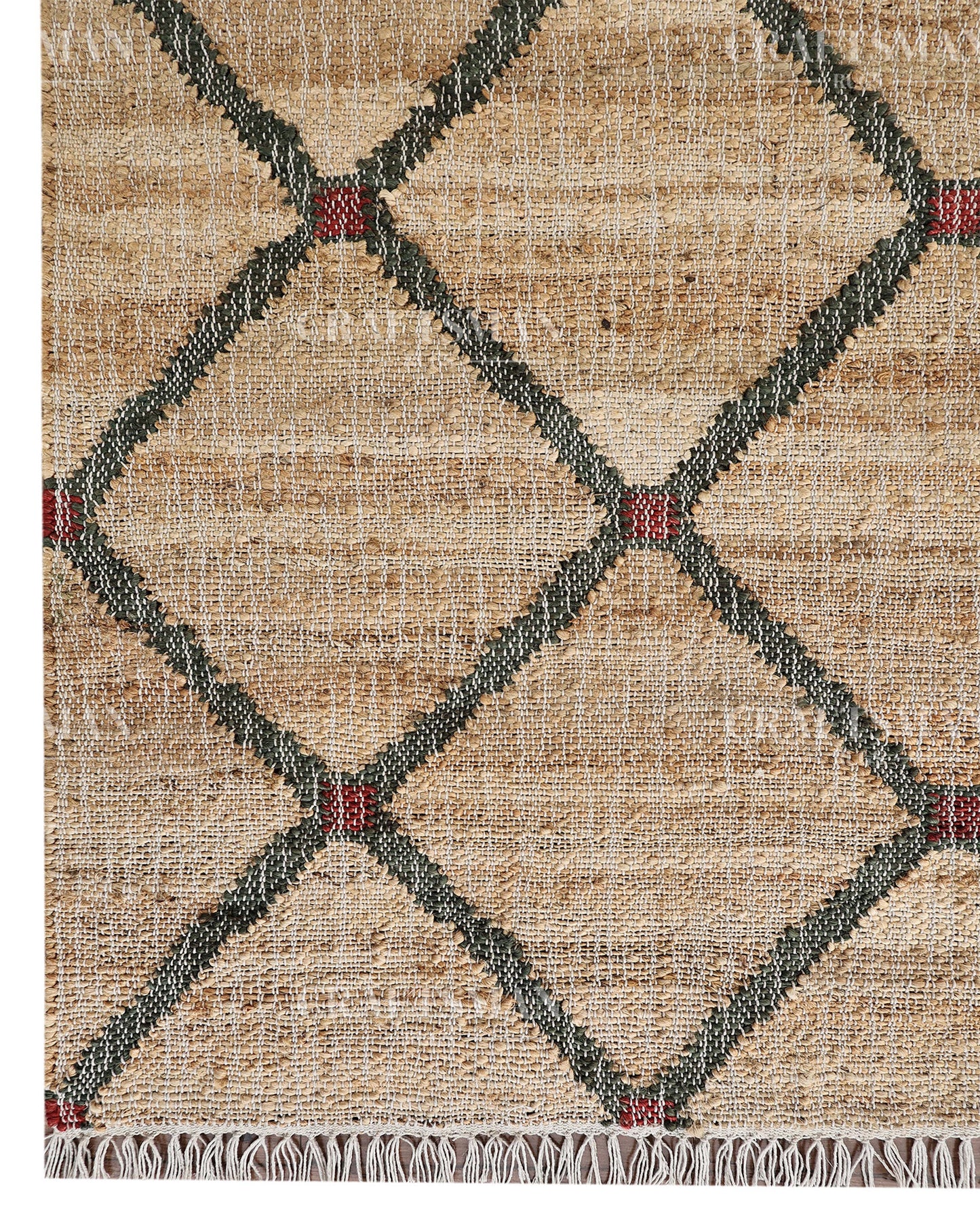 Rustgrid Jute Hand-Woven Natural Rug – Beige Charcoal Geometric Diamond Boho Farmhouse Area Carpet with Fringe