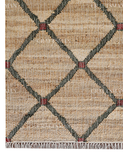 Rustgrid Jute Hand-Woven Natural Rug – Beige Charcoal Geometric Diamond Boho Farmhouse Area Carpet with Fringe