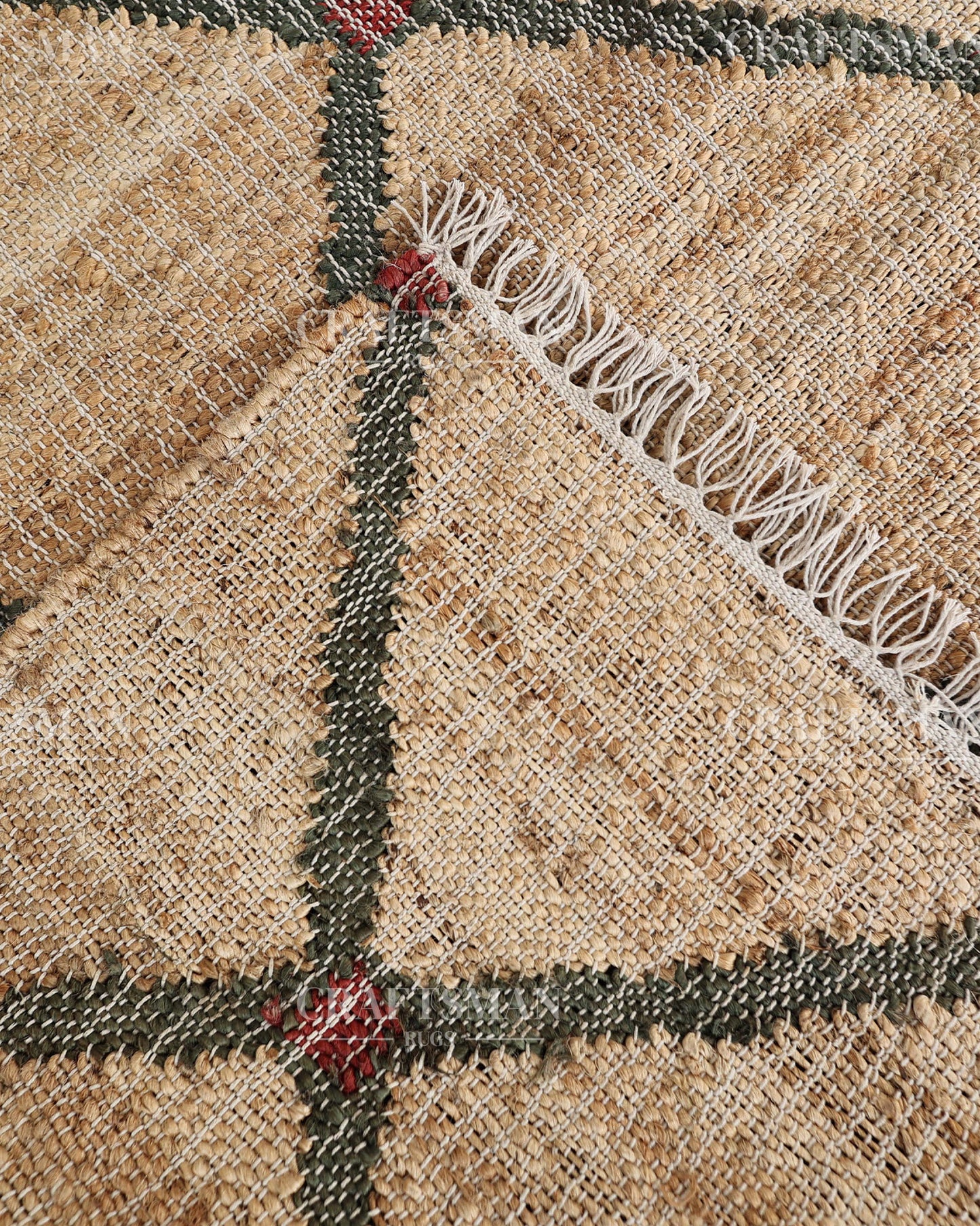 Rustgrid Jute Hand-Woven Natural Rug – Beige Charcoal Geometric Diamond Boho Farmhouse Area Carpet with Fringe