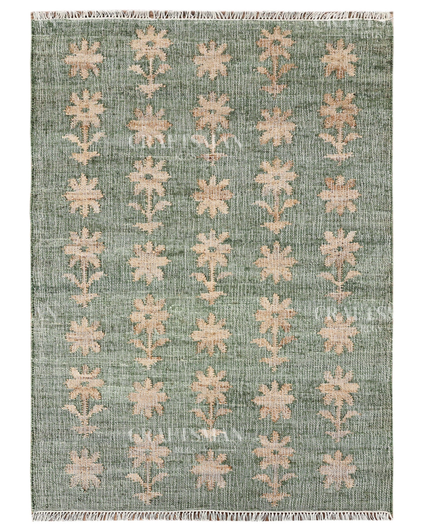 Sageblossom Jute Hand-Woven Natural Rug – Green Beige Floral Boho Farmhouse Area Carpet with Fringe
