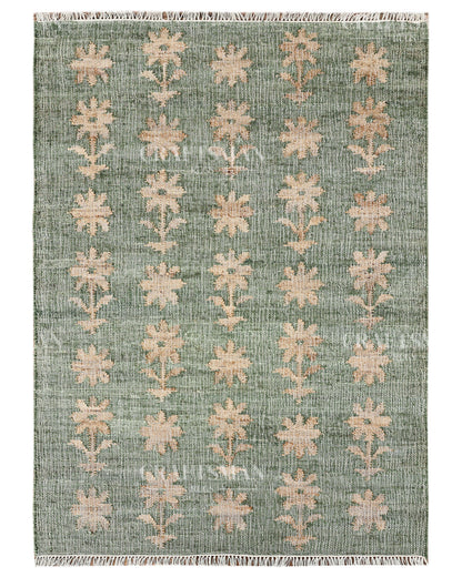 Sageblossom Jute Hand-Woven Natural Rug – Green Beige Floral Boho Farmhouse Area Carpet with Fringe