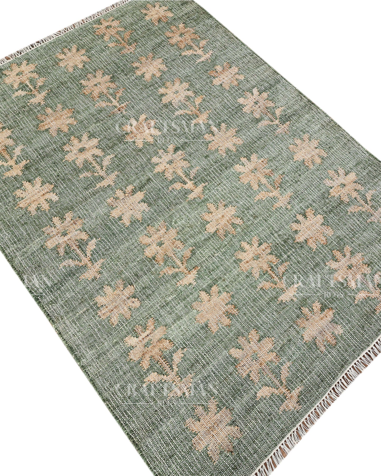 Sageblossom Jute Hand-Woven Natural Rug – Green Beige Floral Boho Farmhouse Area Carpet with Fringe