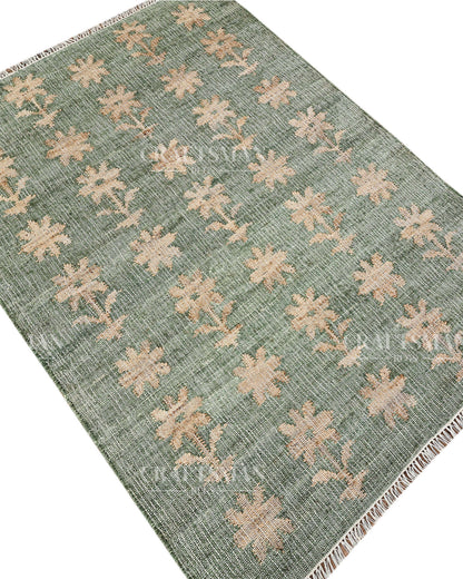 Sageblossom Jute Hand-Woven Natural Rug – Green Beige Floral Boho Farmhouse Area Carpet with Fringe