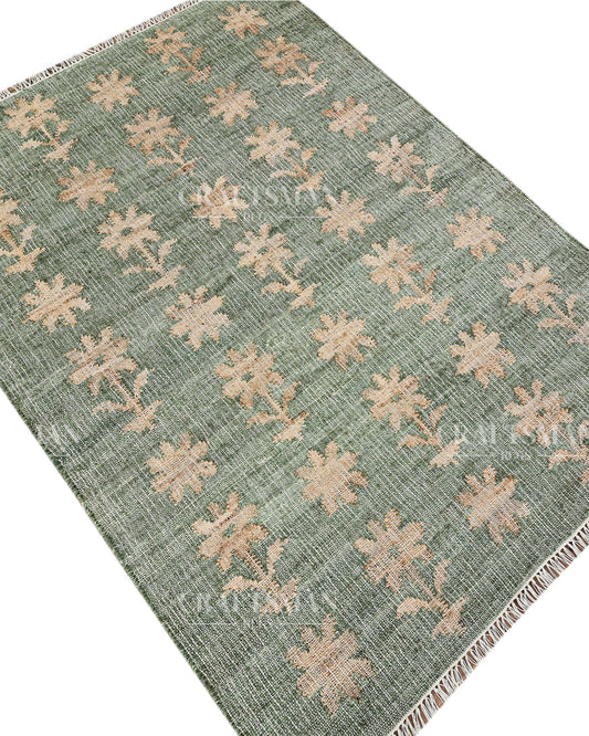 Sageblossom Jute Hand-Woven Natural Rug – Green Beige Floral Boho Farmhouse Area Carpet with Fringe