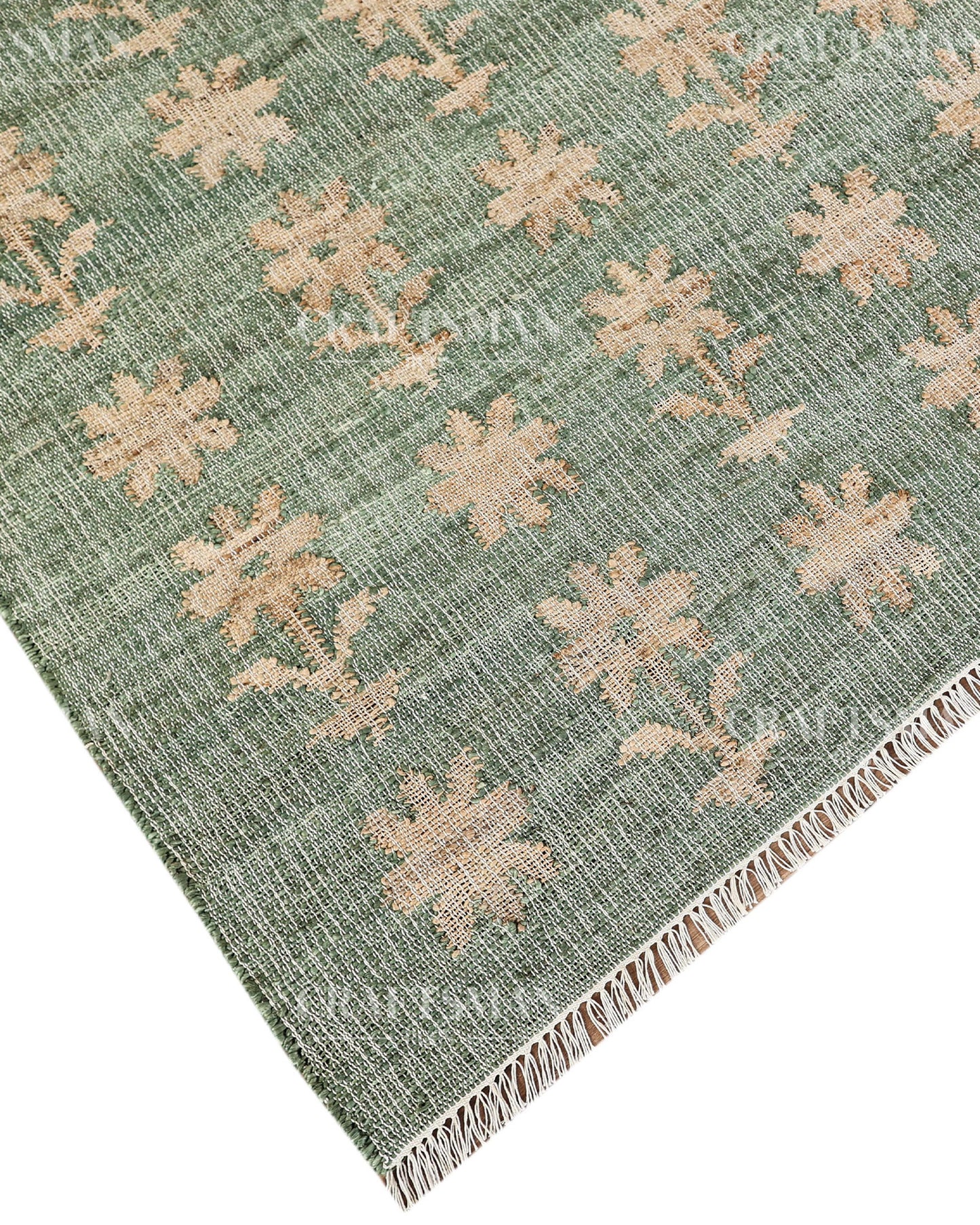 Sageblossom Jute Hand-Woven Natural Rug – Green Beige Floral Boho Farmhouse Area Carpet with Fringe