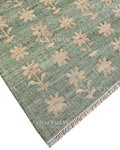 Sageblossom Jute Hand-Woven Natural Rug – Green Beige Floral Boho Farmhouse Area Carpet with Fringe