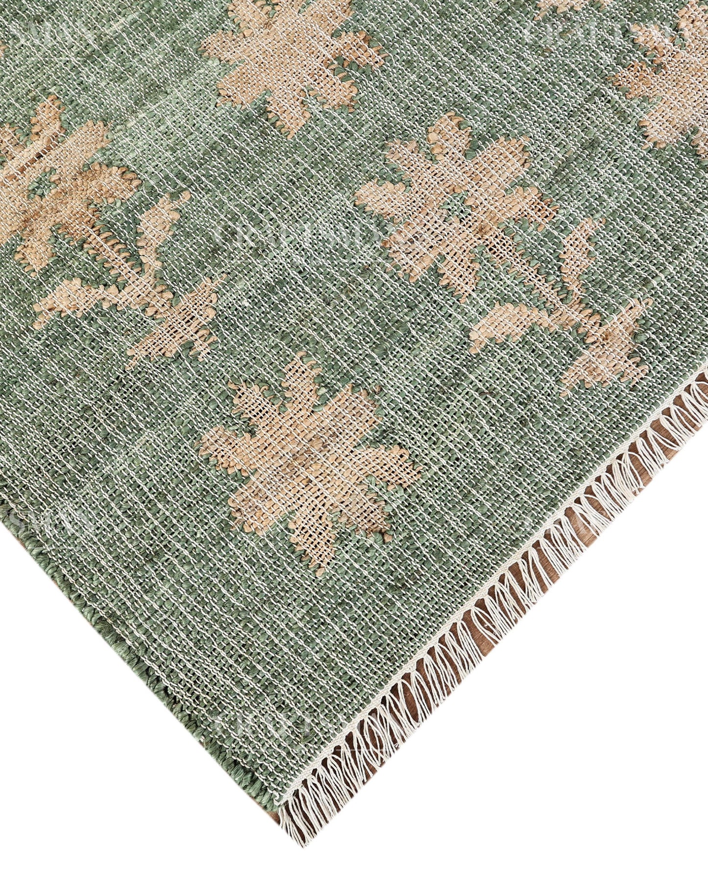 Sageblossom Jute Hand-Woven Natural Rug – Green Beige Floral Boho Farmhouse Area Carpet with Fringe