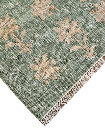 Sageblossom Jute Hand-Woven Natural Rug – Green Beige Floral Boho Farmhouse Area Carpet with Fringe