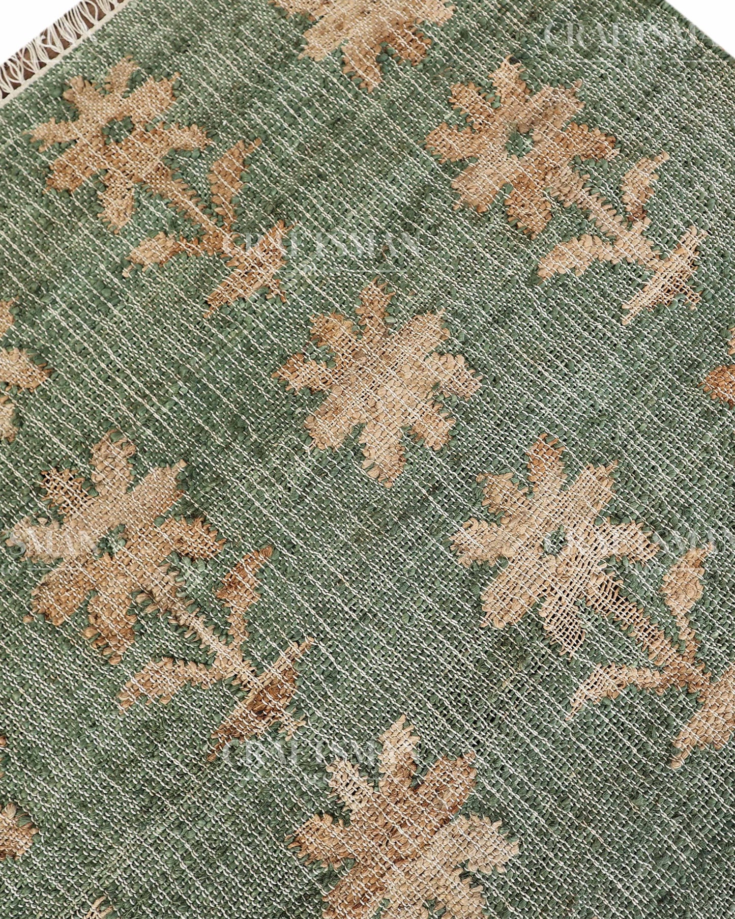 Sageblossom Jute Hand-Woven Natural Rug – Green Beige Floral Boho Farmhouse Area Carpet with Fringe