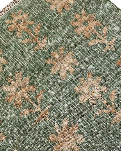 Sageblossom Jute Hand-Woven Natural Rug – Green Beige Floral Boho Farmhouse Area Carpet with Fringe