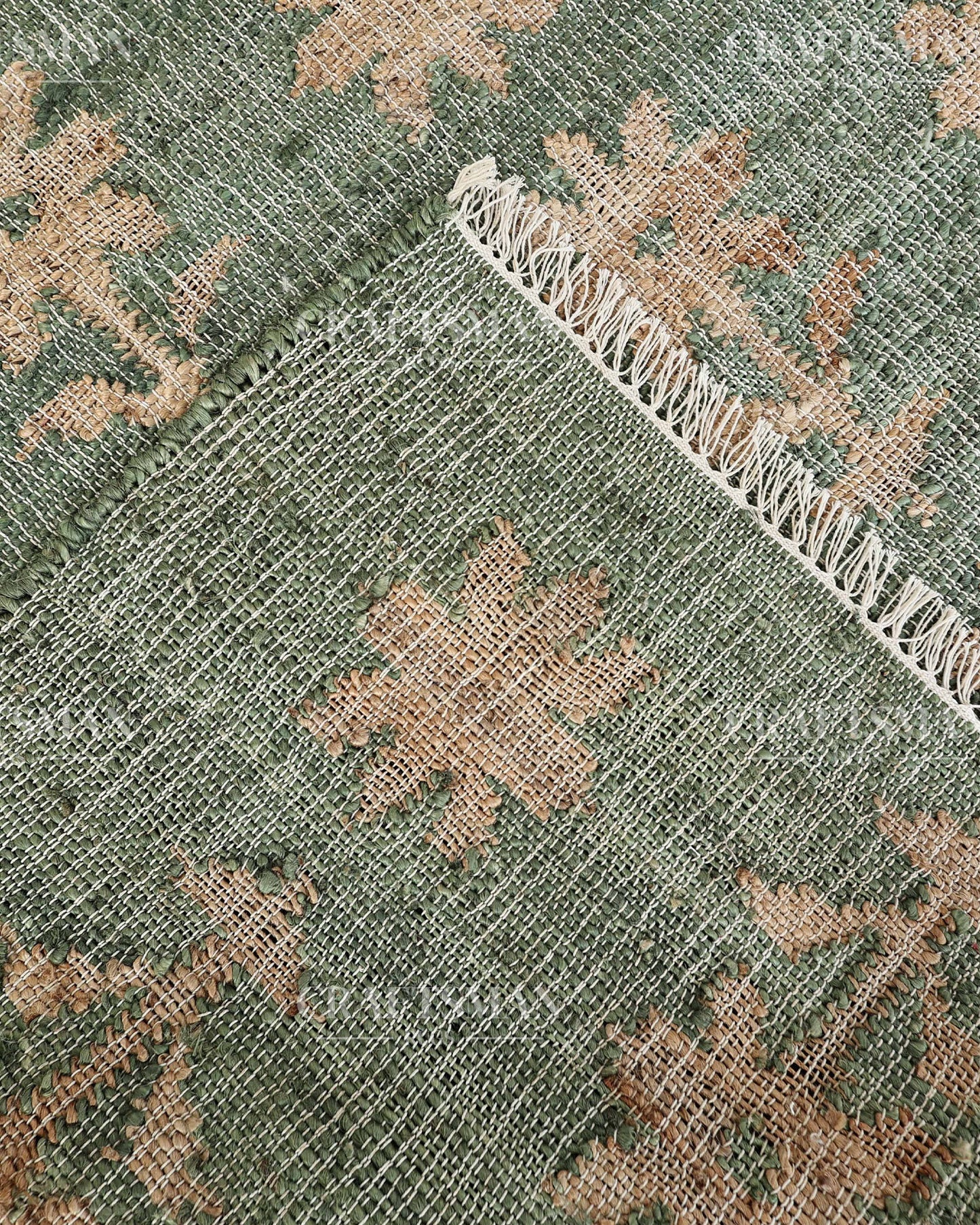 Sageblossom Jute Hand-Woven Natural Rug – Green Beige Floral Boho Farmhouse Area Carpet with Fringe