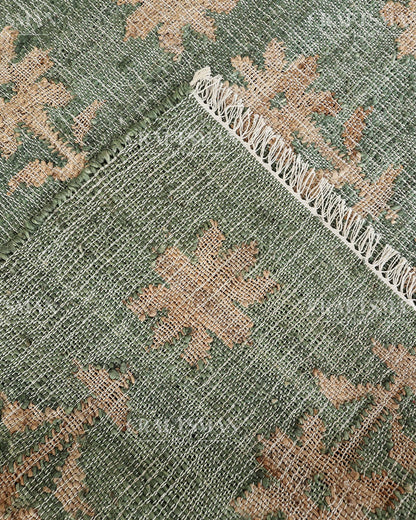 Sageblossom Jute Hand-Woven Natural Rug – Green Beige Floral Boho Farmhouse Area Carpet with Fringe