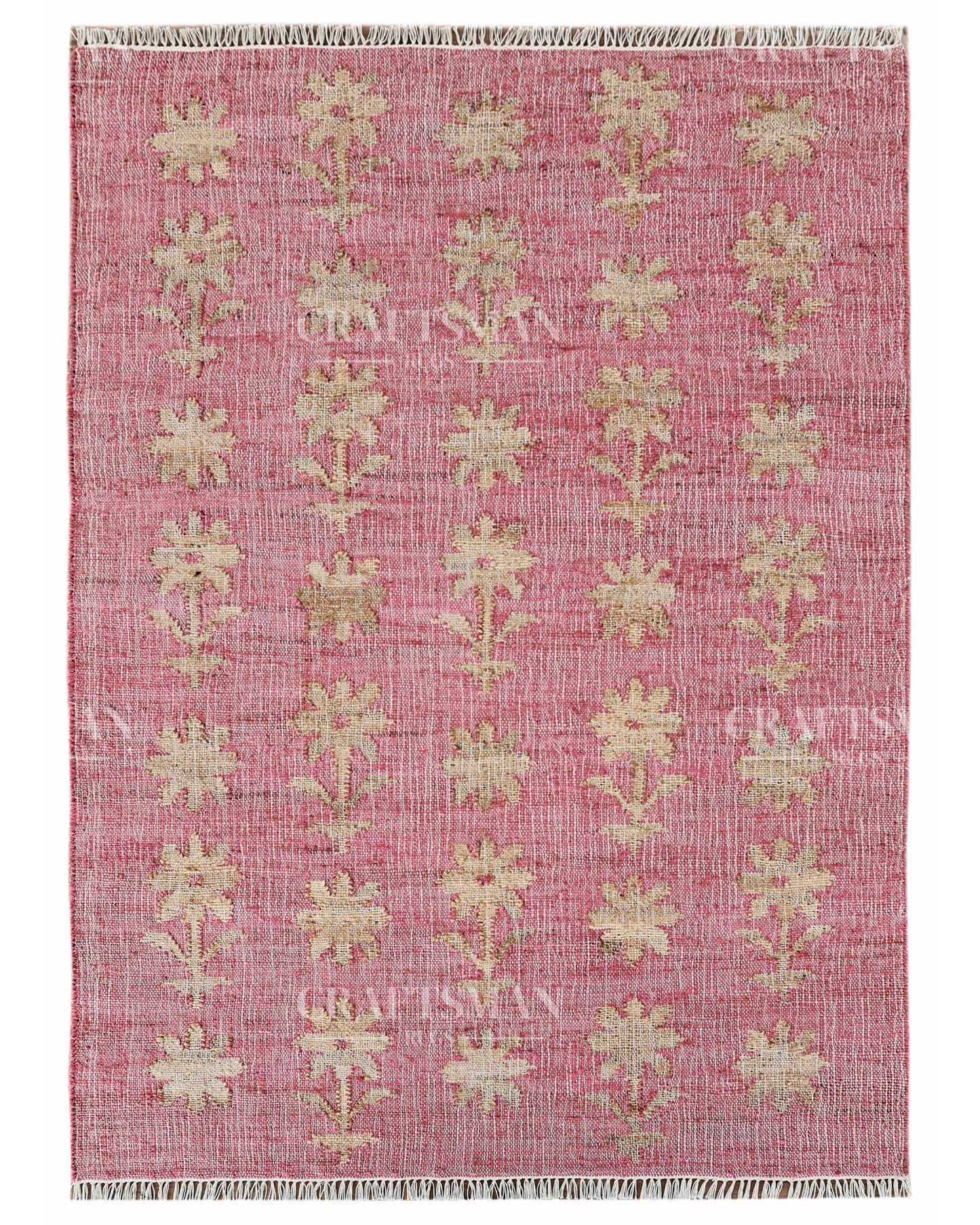 Roseblossom Jute Hand-Woven Natural Rug – Pink Beige Floral Boho Farmhouse Area Carpet with Fringe