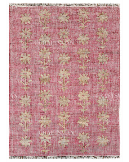 Roseblossom Jute Hand-Woven Natural Rug – Pink Beige Floral Boho Farmhouse Area Carpet with Fringe