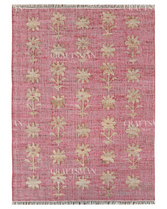 Roseblossom Jute Hand-Woven Natural Rug – Pink Beige Floral Boho Farmhouse Area Carpet with Fringe