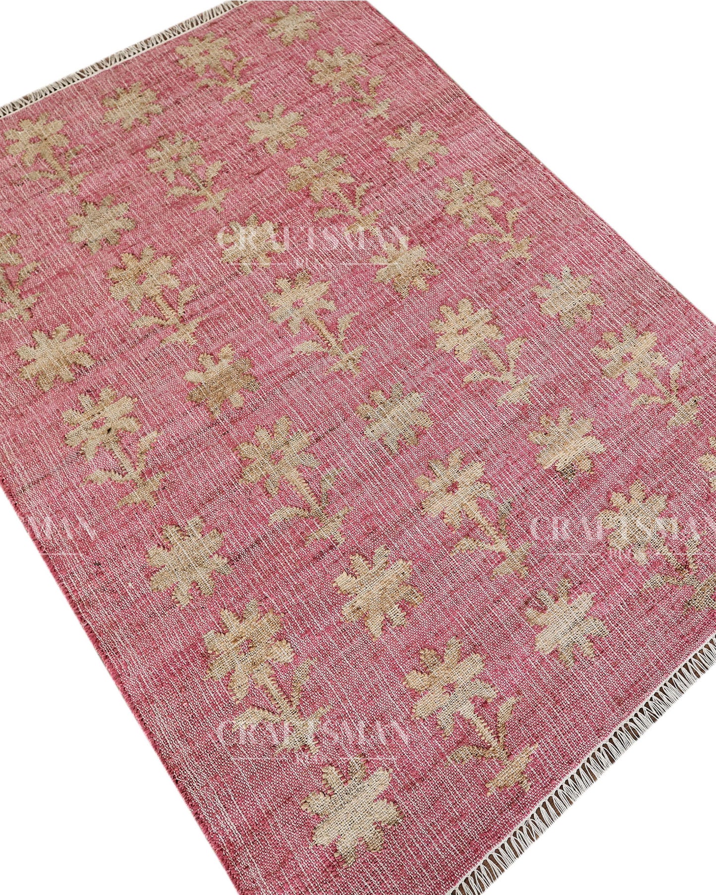 Roseblossom Jute Hand-Woven Natural Rug – Pink Beige Floral Boho Farmhouse Area Carpet with Fringe