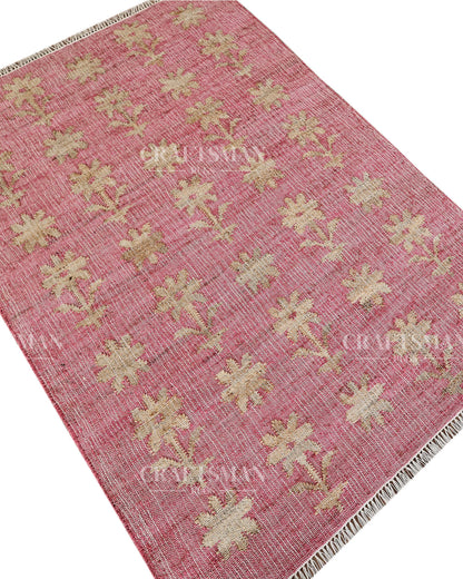 Roseblossom Jute Hand-Woven Natural Rug – Pink Beige Floral Boho Farmhouse Area Carpet with Fringe