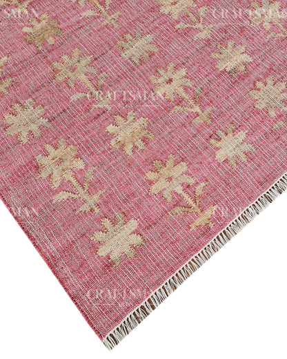 Roseblossom Jute Hand-Woven Natural Rug – Pink Beige Floral Boho Farmhouse Area Carpet with Fringe