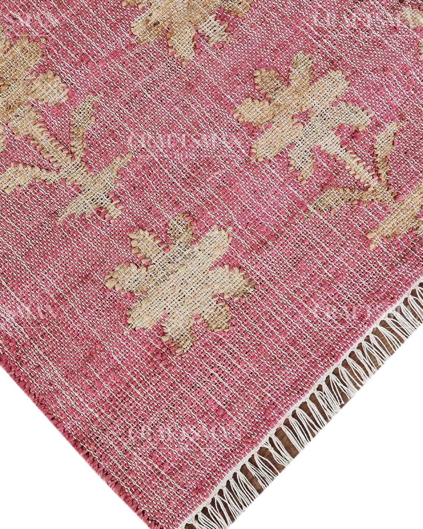 Roseblossom Jute Hand-Woven Natural Rug – Pink Beige Floral Boho Farmhouse Area Carpet with Fringe