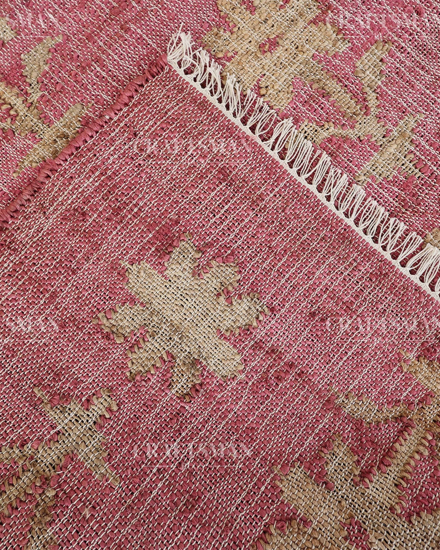 Roseblossom Jute Hand-Woven Natural Rug – Pink Beige Floral Boho Farmhouse Area Carpet with Fringe