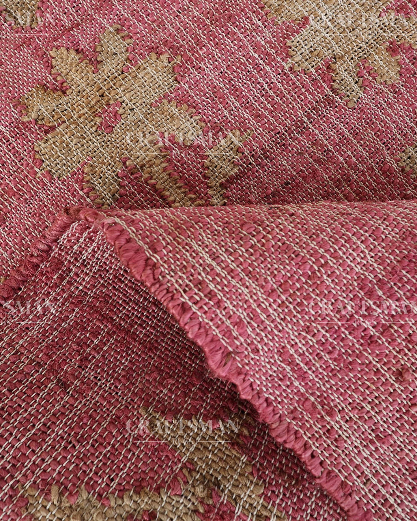 Roseblossom Jute Hand-Woven Natural Rug – Pink Beige Floral Boho Farmhouse Area Carpet with Fringe