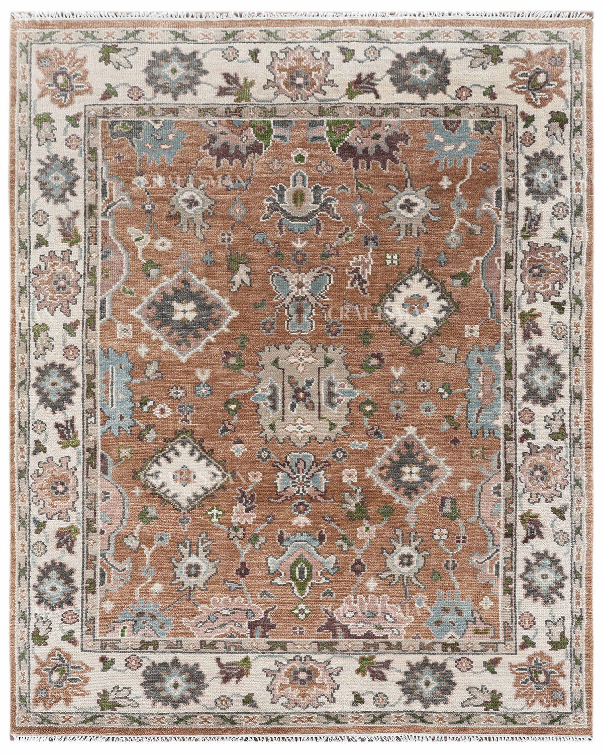 Hand Knotted Oushak Style Wool Rug 8x10, Vintage Persian Floral Area Rug, Rust Brown Ivory & Blue Traditional Carpet – In Stock