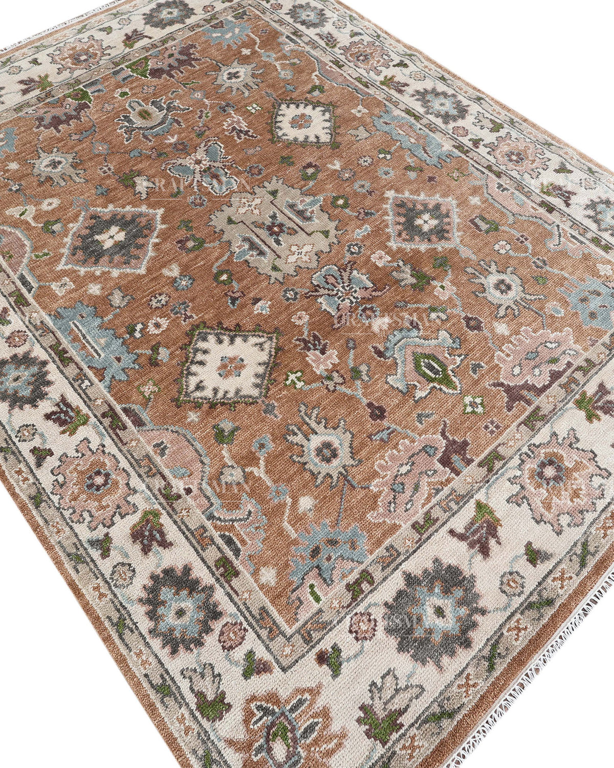 Hand Knotted Oushak Style Wool Rug 8x10, Vintage Persian Floral Area Rug, Rust Brown Ivory & Blue Traditional Carpet – In Stock