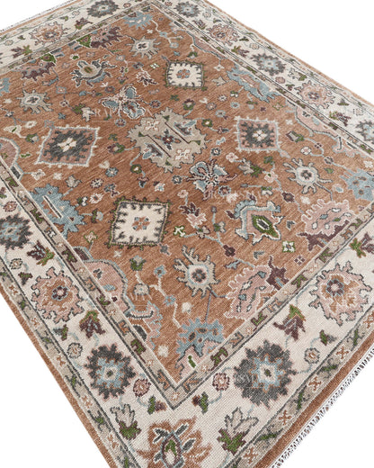 Hand Knotted Oushak Style Wool Rug 8x10, Vintage Persian Floral Area Rug, Rust Brown Ivory & Blue Traditional Carpet – In Stock