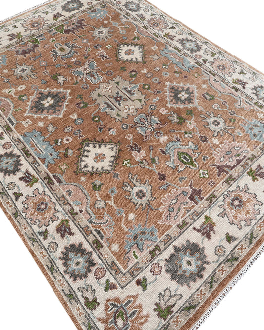 Hand Knotted Oushak Style Wool Rug 8x10, Vintage Persian Floral Area Rug, Rust Brown Ivory & Blue Traditional Carpet – In Stock