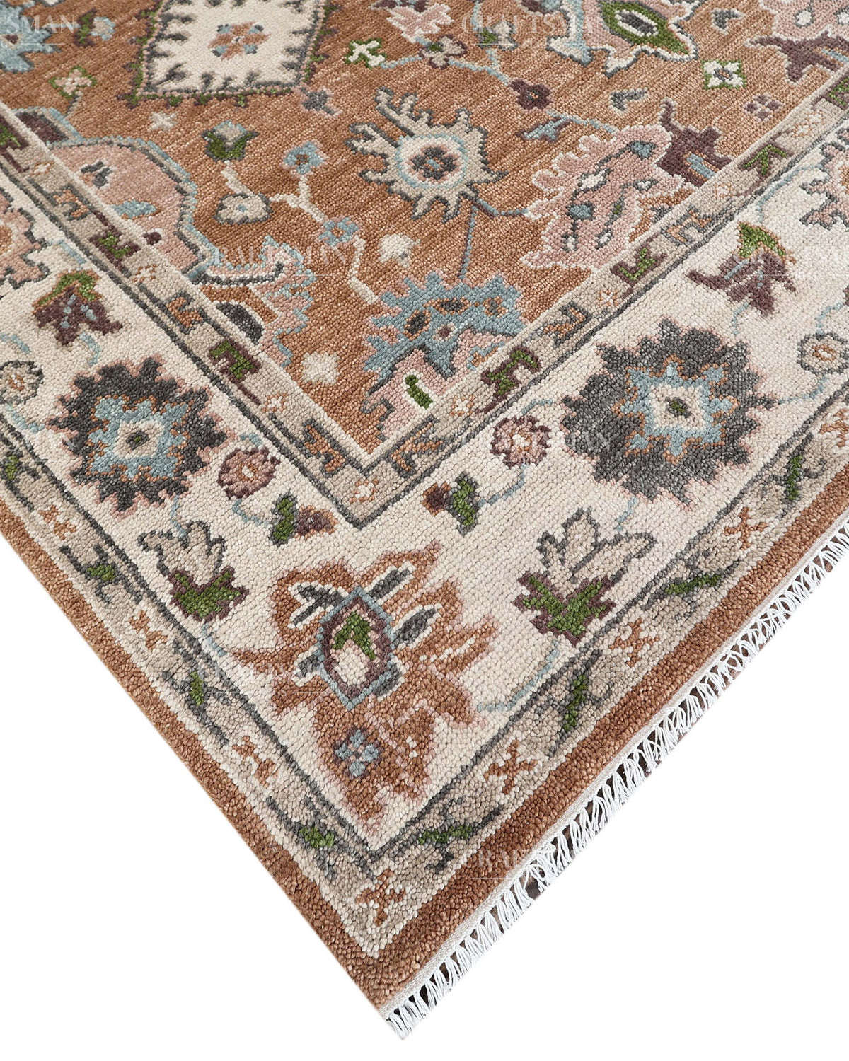 Hand Knotted Oushak Style Wool Rug 8x10, Vintage Persian Floral Area Rug, Rust Brown Ivory & Blue Traditional Carpet – In Stock