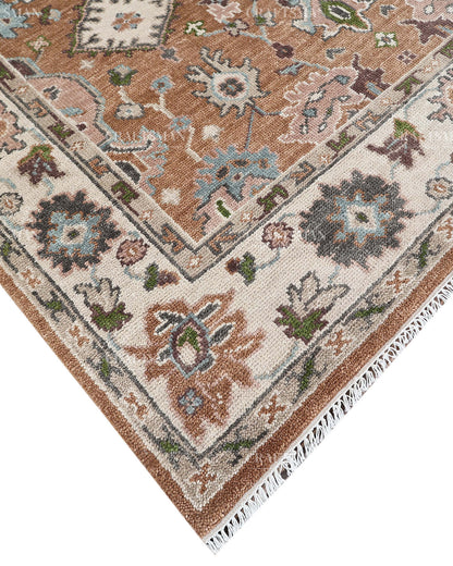 Hand Knotted Oushak Style Wool Rug 8x10, Vintage Persian Floral Area Rug, Rust Brown Ivory & Blue Traditional Carpet – In Stock