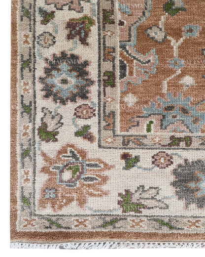 Hand Knotted Oushak Style Wool Rug 8x10, Vintage Persian Floral Area Rug, Rust Brown Ivory & Blue Traditional Carpet – In Stock