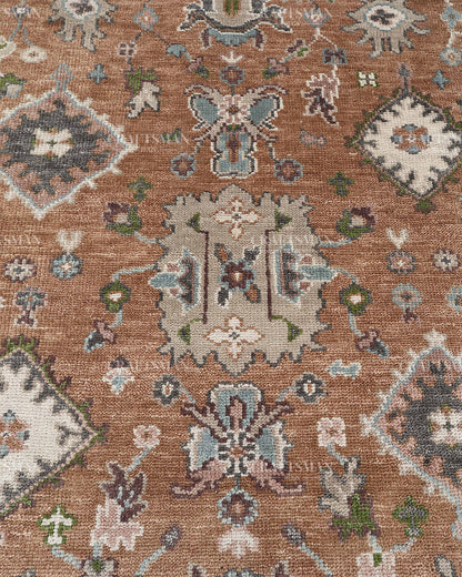 Hand Knotted Oushak Style Wool Rug 8x10, Vintage Persian Floral Area Rug, Rust Brown Ivory & Blue Traditional Carpet – In Stock