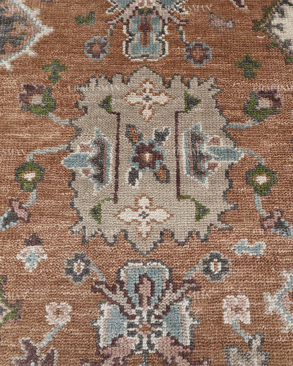 Hand Knotted Oushak Style Wool Rug 8x10, Vintage Persian Floral Area Rug, Rust Brown Ivory & Blue Traditional Carpet – In Stock