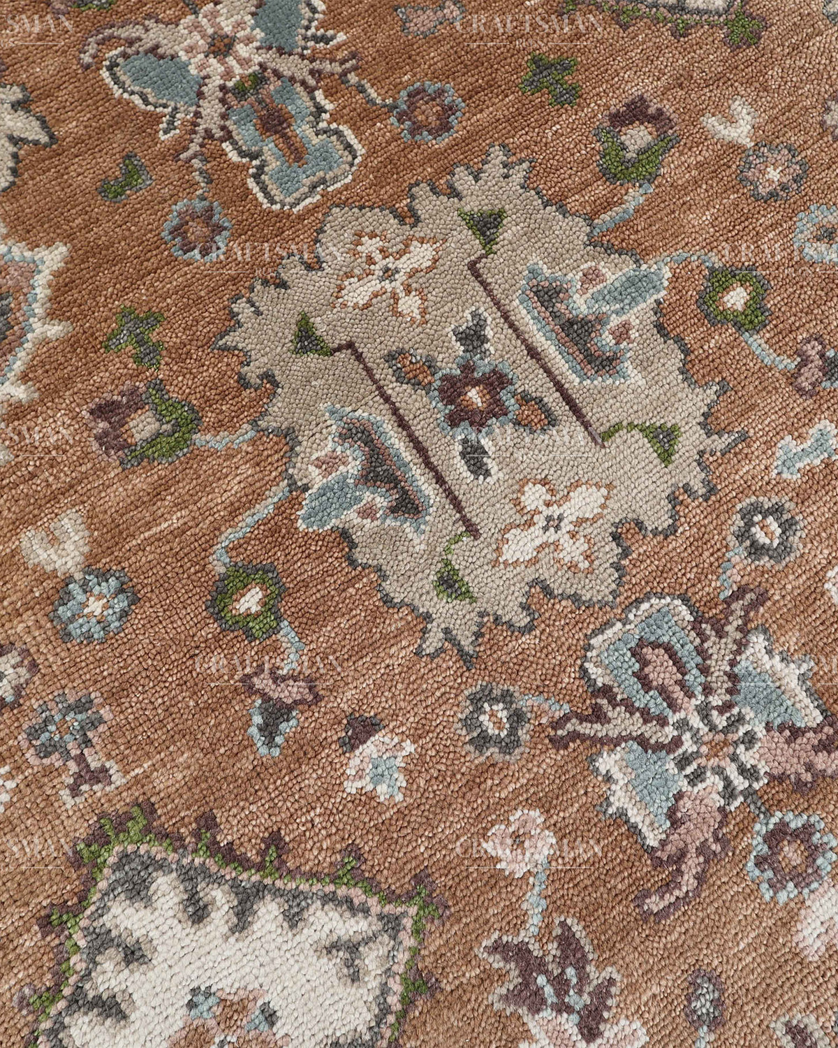 Hand Knotted Oushak Style Wool Rug 8x10, Vintage Persian Floral Area Rug, Rust Brown Ivory & Blue Traditional Carpet – In Stock