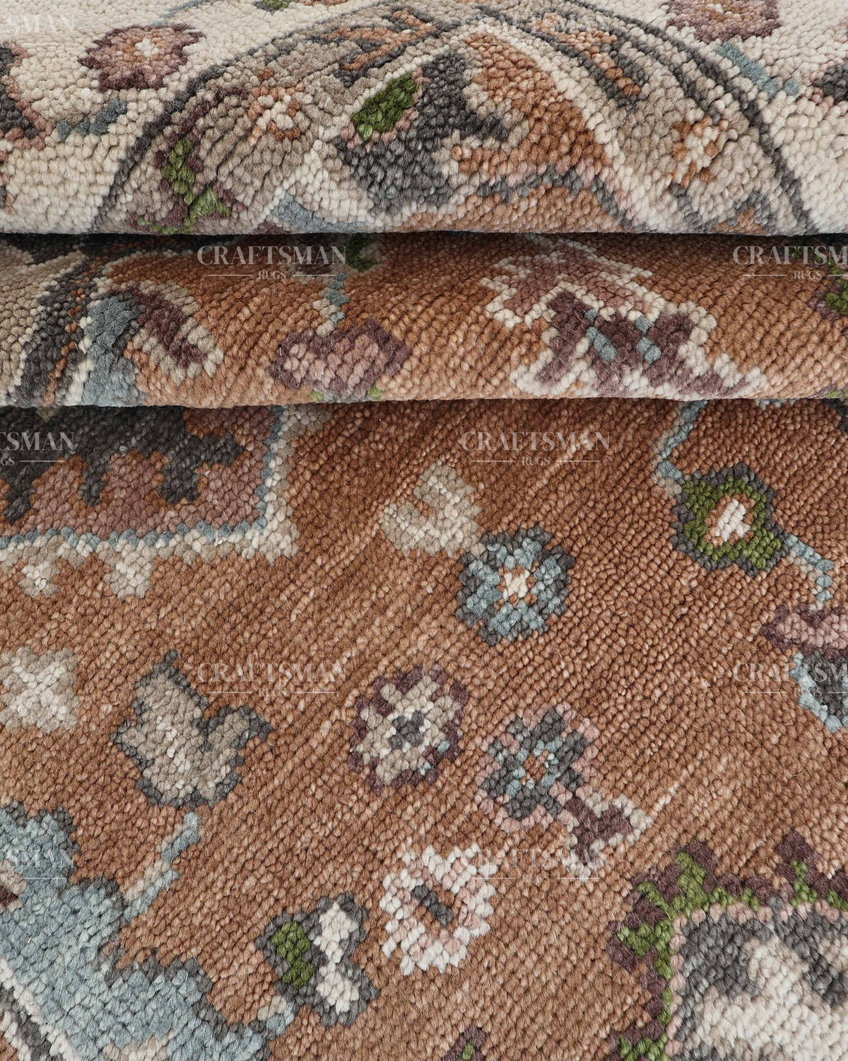 Hand Knotted Oushak Style Wool Rug 8x10, Vintage Persian Floral Area Rug, Rust Brown Ivory & Blue Traditional Carpet – In Stock