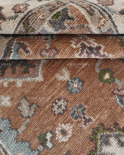 Hand Knotted Oushak Style Wool Rug 8x10, Vintage Persian Floral Area Rug, Rust Brown Ivory & Blue Traditional Carpet – In Stock