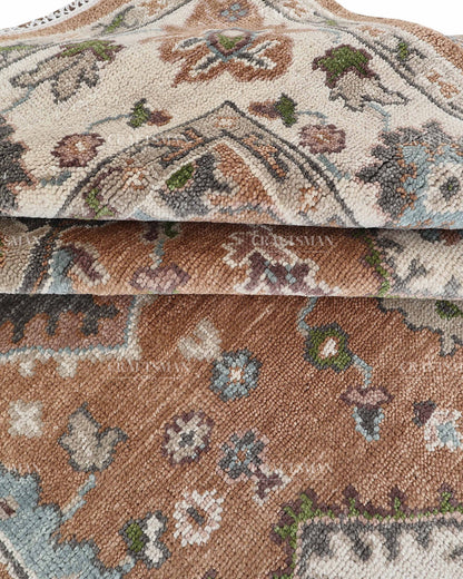 Hand Knotted Oushak Style Wool Rug 8x10, Vintage Persian Floral Area Rug, Rust Brown Ivory & Blue Traditional Carpet – In Stock