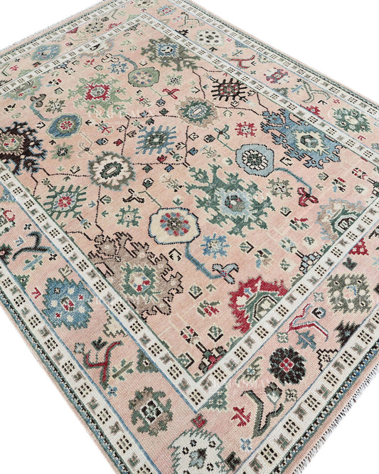 Hand Knotted Pink Oushak Rug 8x10, Vintage Persian Floral Area Rug, Multicolor Traditional Oriental Carpet