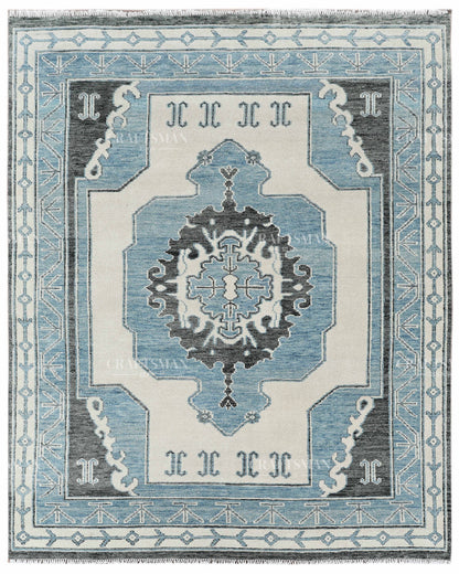 Hand Knotted Blue Oushak Rug 8x10, Vintage Persian Style Area Rug, Blue Ivory & Charcoal Traditional Oriental Carpet
