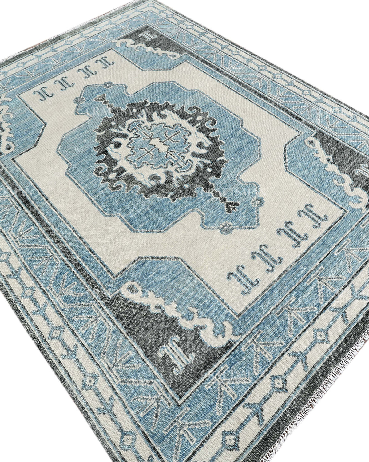 Hand Knotted Blue Oushak Rug 8x10, Vintage Persian Style Area Rug, Blue Ivory & Charcoal Traditional Oriental Carpet