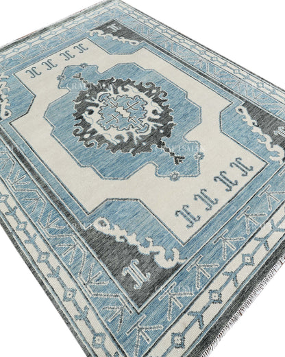 Hand Knotted Blue Oushak Rug 8x10, Vintage Persian Style Area Rug, Blue Ivory & Charcoal Traditional Oriental Carpet