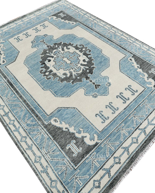 Hand Knotted Blue Oushak Rug 8x10, Vintage Persian Style Area Rug, Blue Ivory & Charcoal Traditional Oriental Carpet
