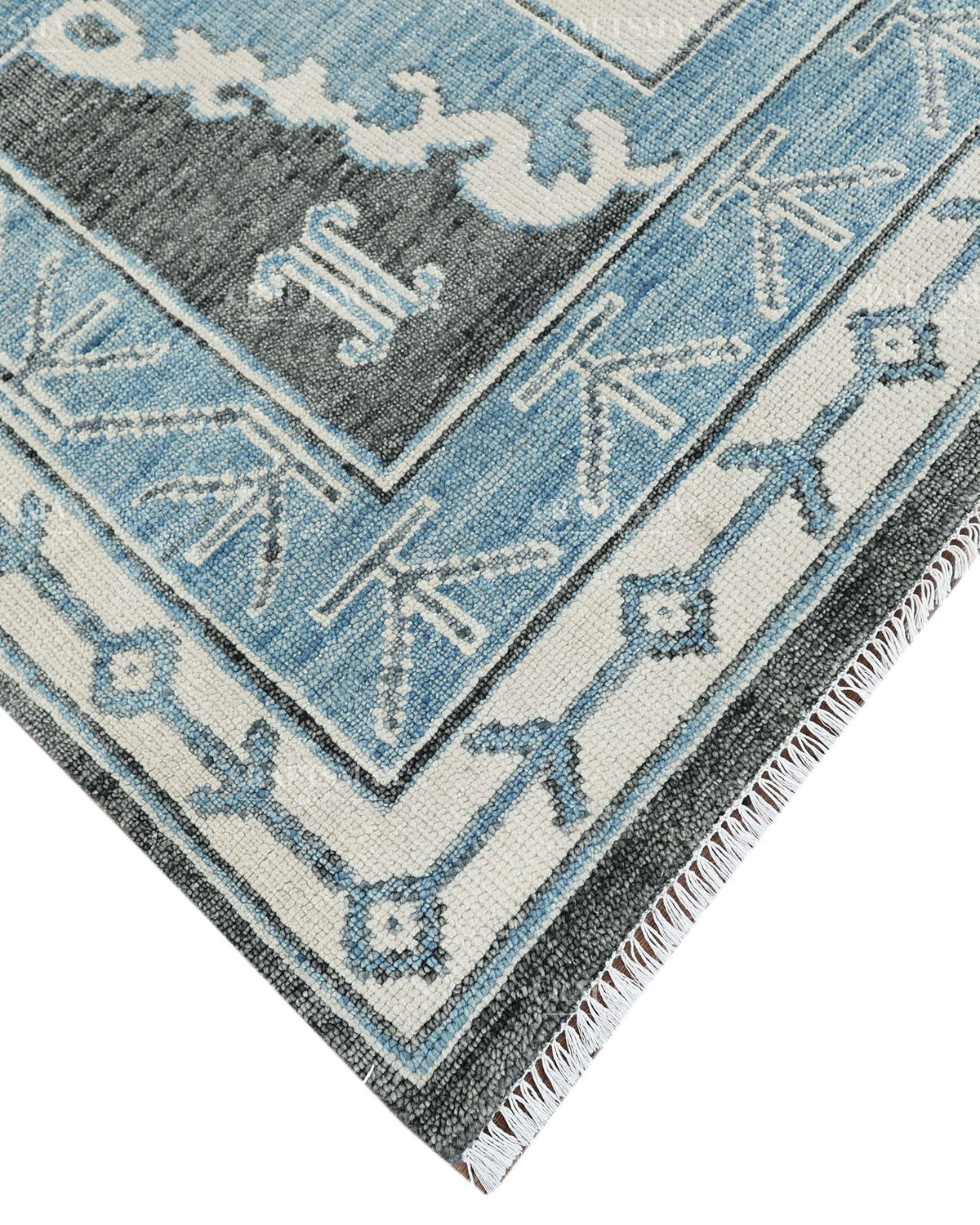 Hand Knotted Blue Oushak Rug 8x10, Vintage Persian Style Area Rug, Blue Ivory & Charcoal Traditional Oriental Carpet