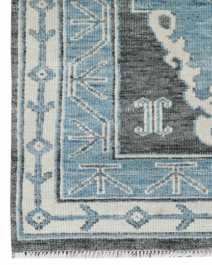 Hand Knotted Blue Oushak Rug 8x10, Vintage Persian Style Area Rug, Blue Ivory & Charcoal Traditional Oriental Carpet