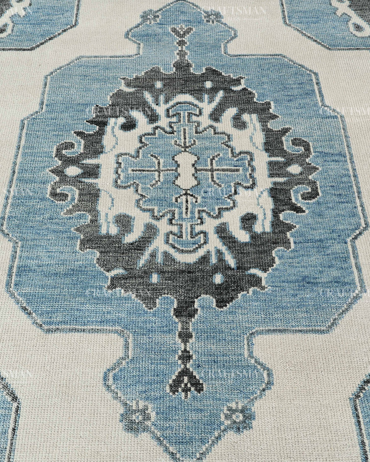 Hand Knotted Blue Oushak Rug 8x10, Vintage Persian Style Area Rug, Blue Ivory & Charcoal Traditional Oriental Carpet