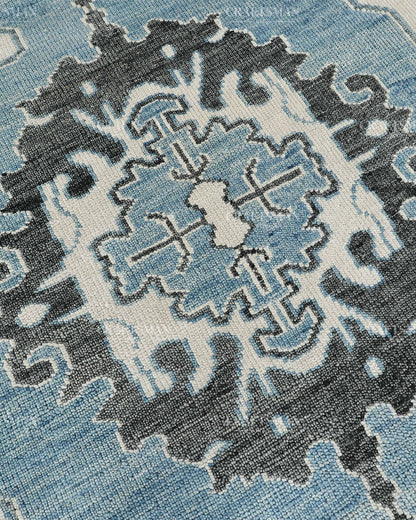 Hand Knotted Blue Oushak Rug 8x10, Vintage Persian Style Area Rug, Blue Ivory & Charcoal Traditional Oriental Carpet