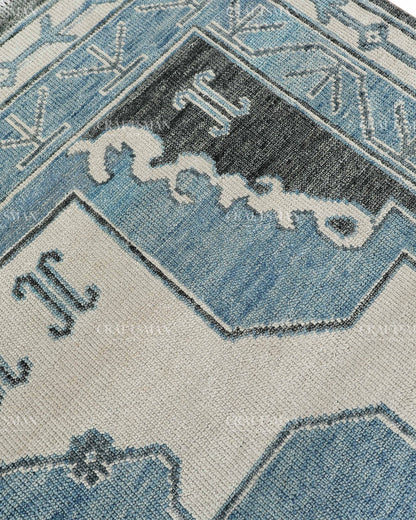 Hand Knotted Blue Oushak Rug 8x10, Vintage Persian Style Area Rug, Blue Ivory & Charcoal Traditional Oriental Carpet